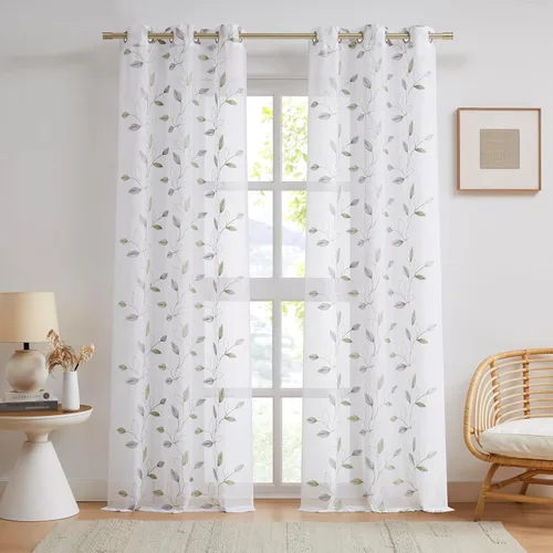 Vista 21 de Bujasso - Cortinas de hojas transparentes de 63 pulgadas, bordadas con flores, estilo granja, cortinas con filtro de luz para ventana, patrón Dorado