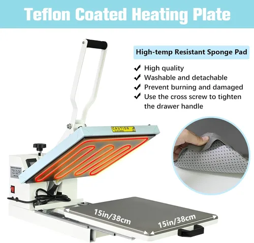Vista 5 de Prensa de calor de 15 x 15 pulgadas, calidad industrial con presión ajustable, máquina de transferencia de calor deslizante para camiseta, azul
