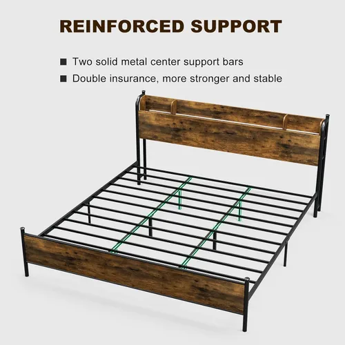 Vista 12 de IKIFLY Base de cama tamaño King con cabecera de estante de almacenamiento y Marrón rústico