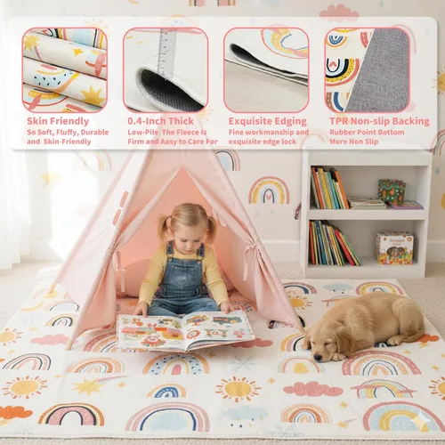 Vista 4 de Alfombra de arco iris para niños, 3 pies 3 pulgadas x 4 pies 11 pulgadas, alfombra suave para niños, alfombra grande lavable espacial