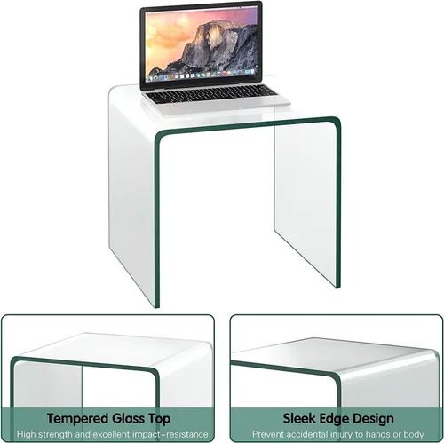 Vista 6 de Mesa auxiliar de vidrio templado, mesa de café transparente en forma de U con esquinas redondeadas y almohadilla antideslizante para el pie, mesa
