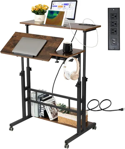 Vista 10 de Hadulcet Escritorio móvil de pie con estación de carga, escritorio ajustable para computadora de pie, carrito ajustable para laptop con ruedas