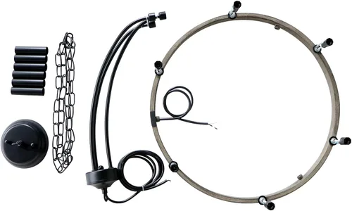 Vista 7 de Candelabro de rueda de vagón, 6 luces, rústico, rústico, de granja, de metal negro, lámpara de comedor de madera, candelabros redondos para entrada