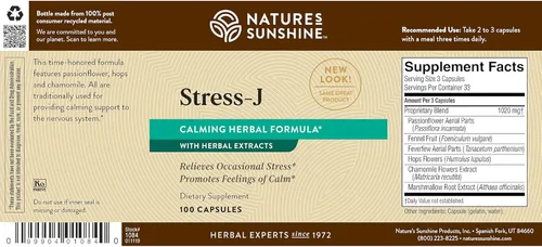 Vista 6 de Nature's Sunshine Stress-J, 100 cápsulas Esta fórmula natural para aliviar el estrés promueve la sensación de calma y ayuda con el estrés ocasional
