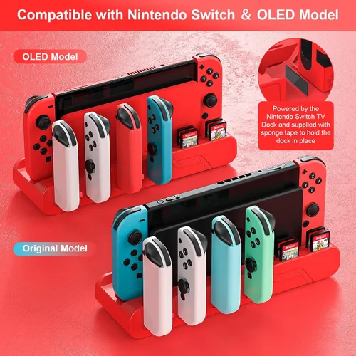 Vista 3 de Base de carga para controlador de interruptor compatible con Nintendo Switch OLED Mario Red Edition y Switch Model Joycon, estación de carga