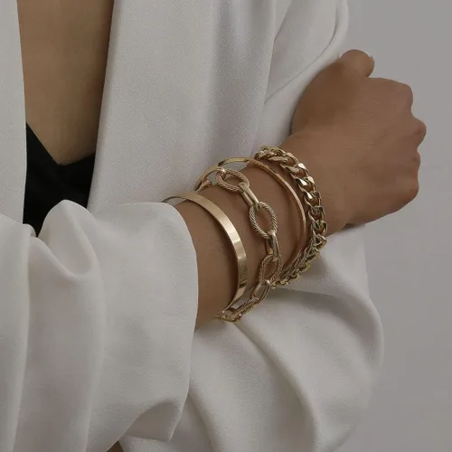 Vista 5 de Juego de pulseras de oro para mujer, delicadas, bohemias, apilables, de eslabones gruesos y gruesos, para hombres, Cristal Cobre, No es una piedra