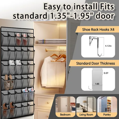 Vista 6 de Kotkn Organizador de zapatos sobre la puerta con 30 bolsillos de malla transpirable, almacenamiento de armario de gran capacidad para hombres y Gris