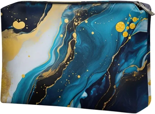 Vista 2 de Flashideas Bolsa de maquillaje portátil de cuero impermeable bolsa de cosméticos embrague maquillaje cepillo bolsa, Estampado De Mármol Azul 1