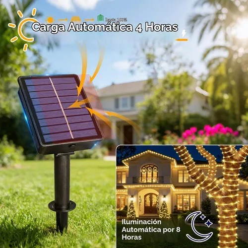 Vista 4 de Ollny Cuerda de luces solares para exteriores, 33 pies, 100 luces LED de color blanco cálido con control remoto, 8 modos de luz impermeable