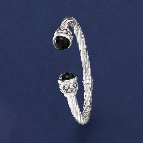 Vista 4 de Ross-Simons Italian Black Onyx and 1.30 ct. t.w. CZ Twisted Cuff Bracelet in Sterling Silver