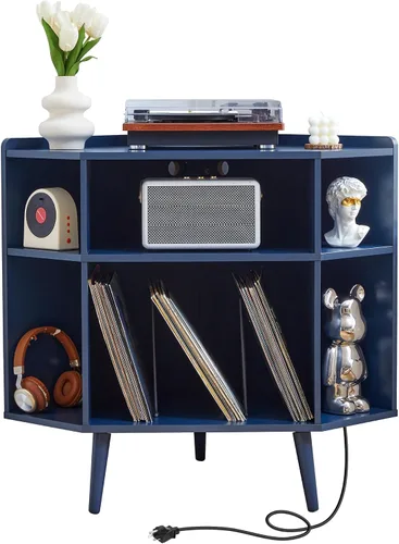 Vista 16 de Soporte para tocadiscos de 45.3 pulgadas con almacenamiento de vinilo, mesa giratoria de madera con capacidad para hasta 350 álbumes, moderno