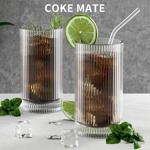 Vista 5 de CWHHRN Vasos de vidrio de 15 onzas con pajitas, cristalería vintage para whisky, cóctel, cerveza, tazas de café helado y vasos para beber
