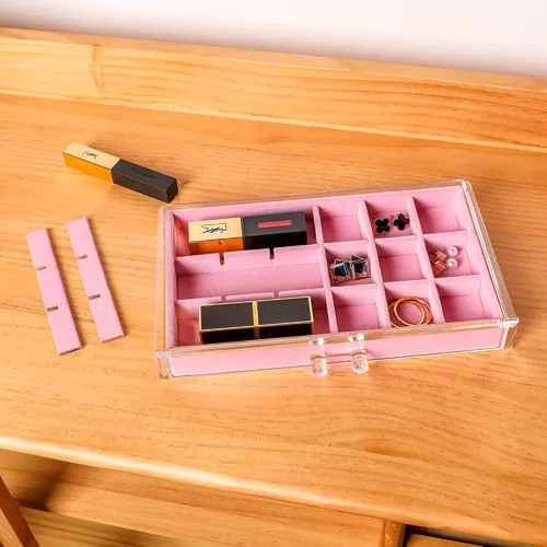 Vista 6 de Frebeauty Organizador de joyas de acrílico, caja organizadora de aretes con 5 cajones, organizador de aretes con bandejas de terciopelo, caja