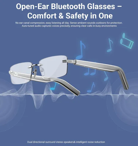 Vista 5 de Lentes inteligentes, lentes fotocromáticos Bluetooth sin montura con altavoz y micrófono de sonido HD de oreja abierta, protección UV400, control