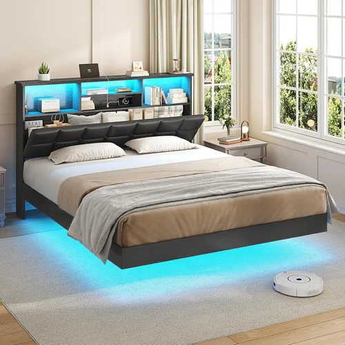 Vista 14 de VIAGDO Base de cama flotante tamaño Twin con cabecera y almacenamiento, base de cama tapizada de plataforma Twin con estación de carga USB y Tipo C