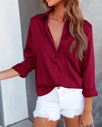 Vista 2 de BTFBM Camisas de satén con botones para mujer, manga larga, con solapa, cuello en V, holgadas, casuales, para el trabajo, verano, primavera, blusa