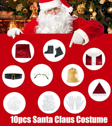 Vista 3 de Cozople Disfraz de Papá Noel para hombre, divertido traje de Papá Noel, 10 piezas de terciopelo de lujo para adultos, traje de Papá Noel con botas