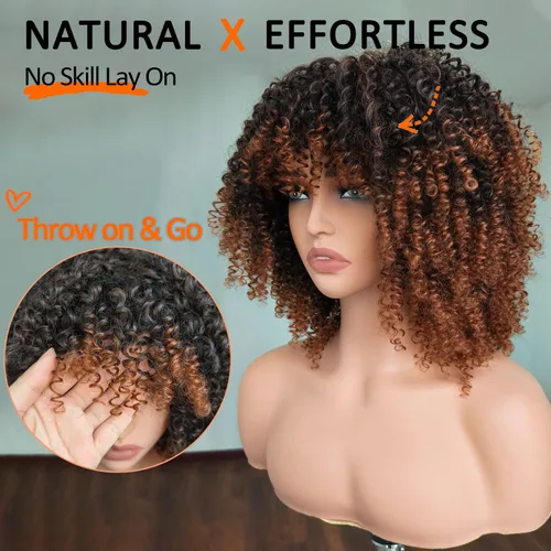 Vista 3 de Peluca rizada afro rizada marrón con flequillo - peluca sintética de pelo corto para mujeres negras