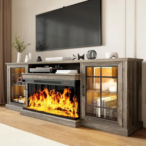 Vista 19 de MXV - Soporte de chimenea para TV de 59 pulgadas, centro de entretenimiento estilo granja con soporte de TV de 3 lados de vidrio, consola multimedia