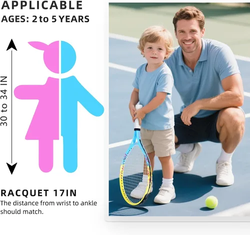 Vista 4 de Raqueta de tenis para niños de 17"-23" para edades de 2-9 años, ligera y duradera, incluye 1 raqueta de tenis para niños pequeños y 1 cintas