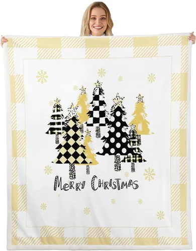 Vista 12 de Manfei Manta de Navidad con árbol de Navidad, muñeco de nieve, copo de nieve, para decoración de habitación de niños y niños, manta de rayas blancas