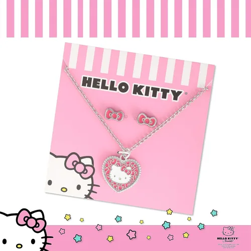 Vista 6 de Hello Kitty Sanrio Fashion Jewelry Set de licencia oficial 16 pulgadas + 3 pulgadas colgante collar y aretes de lazo, Imitación de rodio, Sin