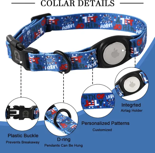Vista 3 de Collar de perro para el 4 de julio, soporte para Airtag de Apple, collares de perro rojos, blancos y azules para perros pequeños, medianos y grandes
