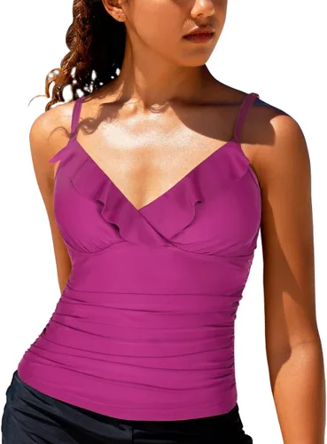 Vista 2 de Hilor Tankini para mujer con volantes fruncidos y cuello en V