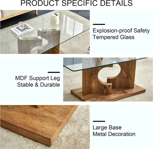 Vista 6 de Mesas de centro de cristal para sala de estar, mesa central rectangular moderna de 47.2 pulgadas, mesa de cóctel minimalista con parte superior