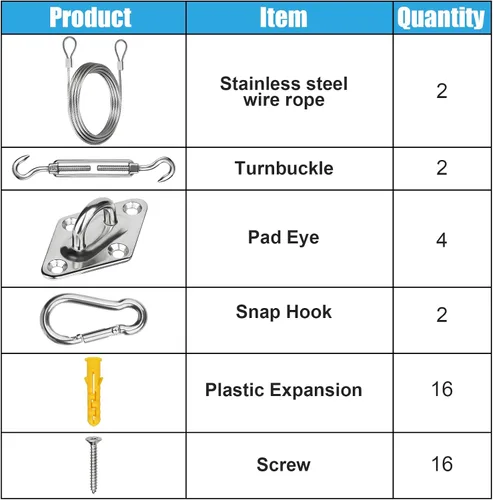 Vista 7 de Kit de accesorios para vela con cuerda de alambre de acero inoxidable 304 para cuadrado/rectangular/triángulo, kit de accesorios para toldo de vela