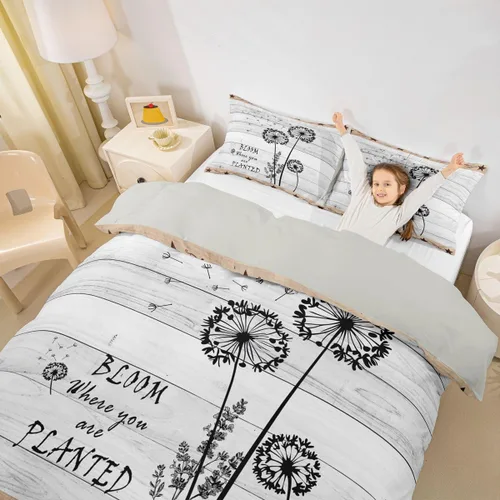 Vista 3 de Juego de funda de edredón de diente de león, estrella de Texas occidental, para niños y niñas, funda de edredón de tablones de madera gris y blanco