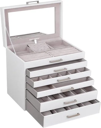 Vista 9 de SONGMICS Joyero, organizador de joyas de 6 niveles, joyero grande con espejo grande, 5 cajones, gran capacidad, almacenamiento de joyas