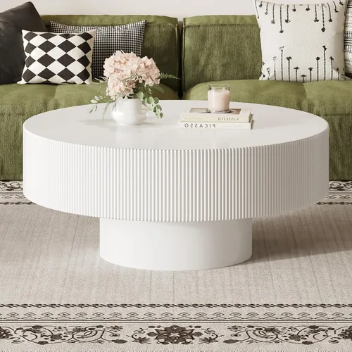 Vista 18 de Merax - Mesa de centro redonda moderna con base resistente, color blanco Mesa central de madera para sala de estar, oficina, recepción, fácil