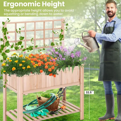 Vista 6 de S AFSTAR Cama de jardín elevada con enrejado, maceta elevada de 42 x 21 x 58 pulgadas con patas, estante de almacenamiento inferior, forro