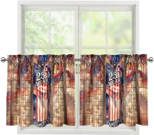 Vista 13 de God Bssing You Tier Curtains for July 4Th 2026 27.5x24 2 Panels Light Filtering Half Window Rod Pocket for Kitchen/Bathroom