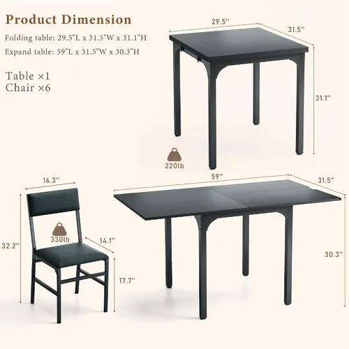 Vista 8 de Juego de mesa de comedor de 7 piezas para 4-6, sillas extensibles para mesa de cocina, juego de 6 con 6 sillas, mesa de comedor rectangular