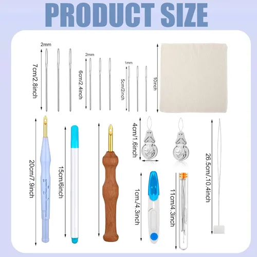 Vista 2 de WILLBOND Kit de 17 Piezas de Aguja Perforadora Herramienta de Aguja Perforadora Ajustable Incluye Mango de Madera Bolígrafo de Bordado Tela Agujas