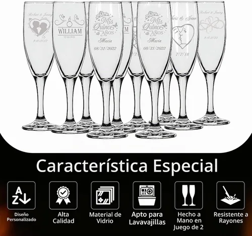Vista 3 de GIFTS INFINITY® Juego de 2 copas de champán grabadas para boda con corazón de Infinity, copas personalizadas para brindis - Regalo para el Día