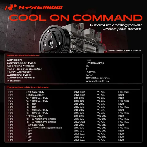 Vista 2 de A-Premium Compresor de Aire Acondicionado AC con Embrague Compatible con Ford F-250 F-350 F-450 F-550 Super Duty F53 F59 F650 F750