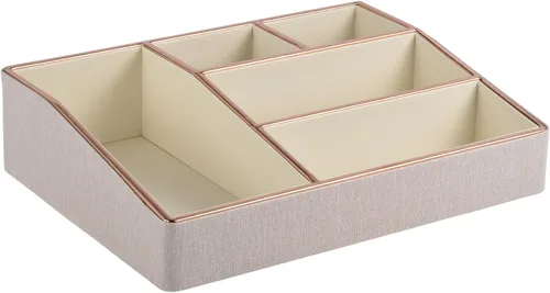 Vista 8 de Bandeja organizadora de maquillaje de piel sintética, organizador grande de tocador, caja de almacenamiento de cosméticos para pinceles de lápiz