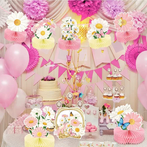 Vista 6 de Hotop 9 piezas de decoración de fiesta de cumpleaños con margaritas y mariposas, centros de mesa de margaritas 3D para mesas, decoración de mesa