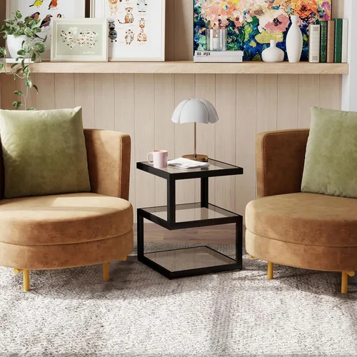 Vista 9 de Mesa auxiliar de vidrio Permory, mesa lateral de 3 niveles con tira de LED, mesa de diseño único en forma de S para sala de estar y dormitorio