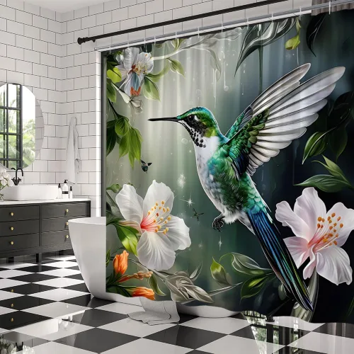 Vista 3 de Cortina de ducha de flores de colibrí, acuarela, hojas verdes, pájaros, jardín, naturaleza, paisaje, cortinas de decoración de baño con ganchos, 35