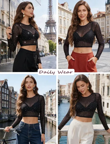 Vista 4 de ADOME Camiseta básica de malla transparente para mujer, talla XS-4XL, Negro