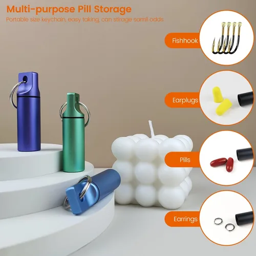 Vista 4 de Pequeña caja organizadora de píldoras, portapíldoras impermeable con llavero, contenedor portátil de píldoras para viaje, estuche de metal