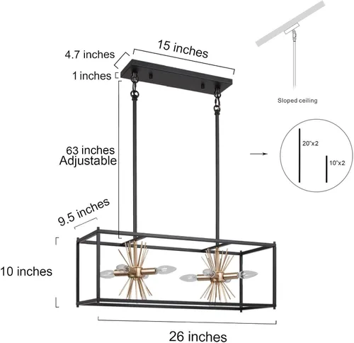 Vista 2 de Uolfin Lámpara de araña de oro negro, moderna casa de campo de 8 luces rectangulares para isla de cocina, comedor y sala de estar