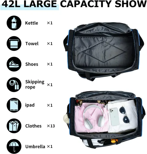 Vista 3 de Uarition Bolsa de gimnasio para hombre, 21 pulgadas, grande, para viajes y deportes, AzulNegro, Bolsa de gimnasio para hombre
