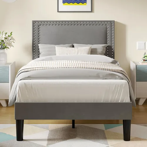 Vista 102 de VECELO Base de cama de plataforma de tamaño individual con cabecera tapizada de altura ajustable, base de colchón moderna, soporte de listones