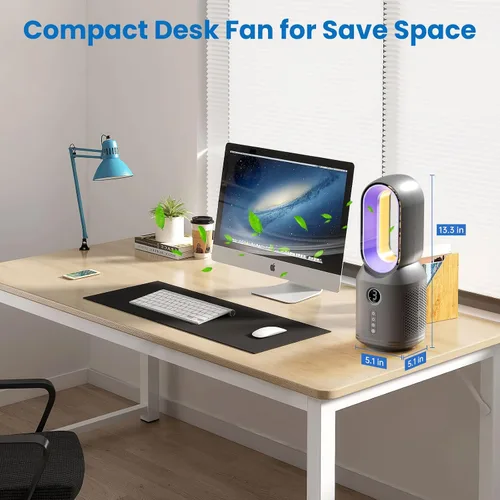 Vista 9 de Desk Fan,13 Inch Portable Bladeless Fan, Small Quiet Office Fan with 106° Oscillating, 3 Speeds & Night light, LED Display, Button Control, Personal