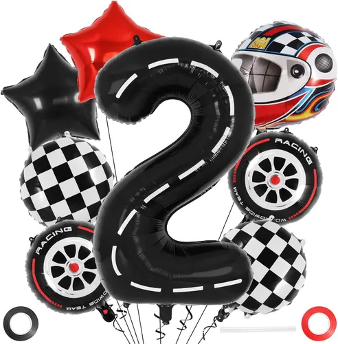 Vista 12 de Globos de cumpleaños de auto de carreras, globo número 0 de carrera, globo de aluminio grande de 40 pulgadas, globo negro 0 para decoración